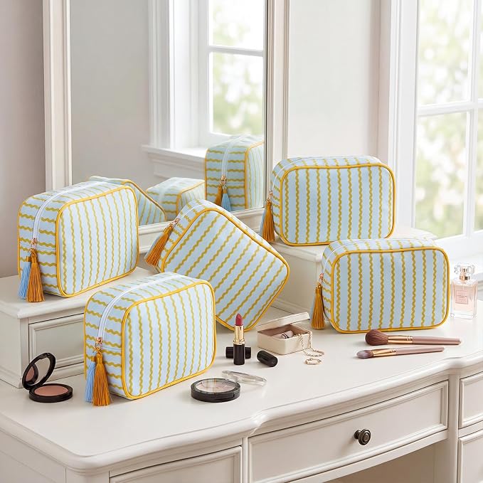 Kacctyen 6 Pack Mustard Yellow and Sage Green Striped Makeup Bag bulk with Tassel Travel Cosmetic Pouch Organizer Large Zipper Toiletry Case for Women Aesthetic Storage Pouch Mahjong Tile Bag - Image 8