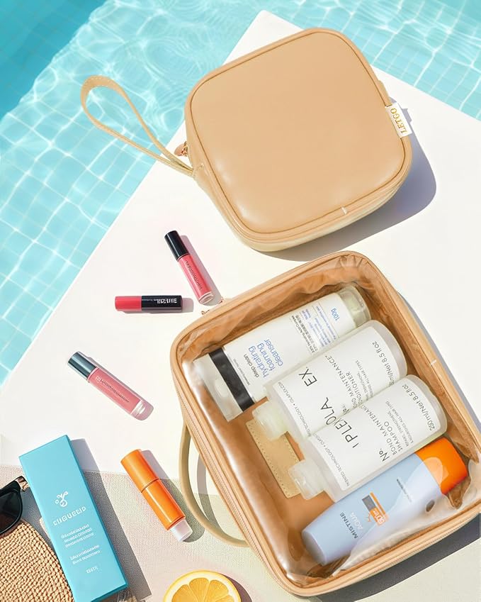 LETGO Travel Toiletry Bag for Women with Small Make Up Bag for Purse,Large Clear Toiletry Bag Lightweight Wide-open Travel Bag for Women, Cosmetic Makeup Bag Organizer(Handle-Sand, Large+Mini) - Image 3
