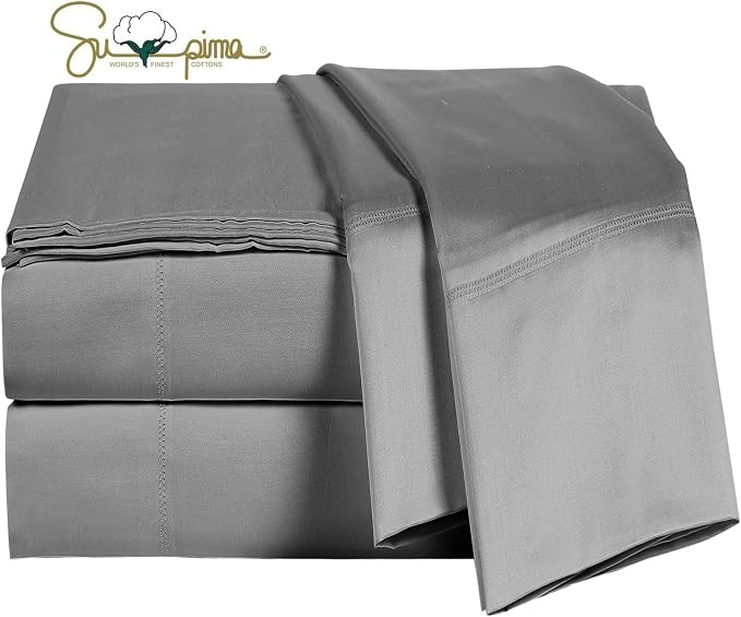 100% Supima Cotton Sheets 600 Thread Count,Bed Sheet Set Queen Size Sheets 4 Pieces, Soft & Silky Sateen Weave, Fits Mattress Up to 18'',Deep Pocket, Breathable & Fade Resistant(Grey,Queen) by ELINEN