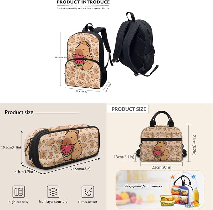 Primary Middle School Backpack with Lunch Box Pencil Case 3 In 1 Capibala Watermelon School Bag Book Bag Large Capacity Student Bookbags Casual Shoulder Bags Daypack - Image 5