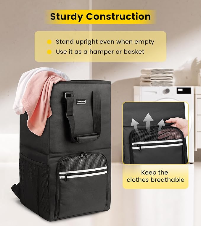 Vorspack Laundry Bag Backpack - Extra Large Laundry Bags with Shoulder Straps Heavy-duty 2 in 1 Laundry Hamper Basket for College Dorm Camp Laundromat Room Essentials - Black - Image 4