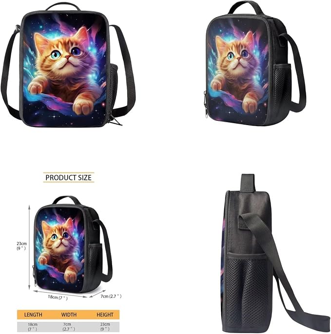 Galaxy Cat Backpack for School Girls Backpack with Lunch Box Water Bottle Holder with Strap and Cute Pencil Case 4PCS Set Bookbag with Front Pocket 17 inch Large Capacity School Bag for Kids - Image 4