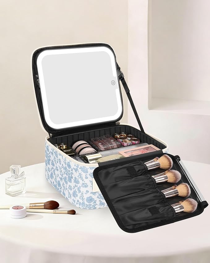 Chomeiu Makeup Bag with LED Mirror, Travel Cosmetic Bags for Women Girls Portable Train Case Makeup Artists Storage Organizer Box with Light Up Mirror 3 Color Lights, Floral Print - Image 2