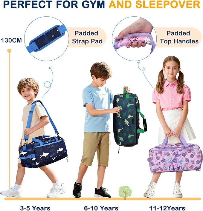 Kids Duffle Bag,VASCHY Travel Bag for Toddler Boys Overnight Sleeping Bag Duffel Ballet Dance Sport Carry On Weekender Bag with Shoes Compartment Dry Wet Pocket Sharks - Image 7