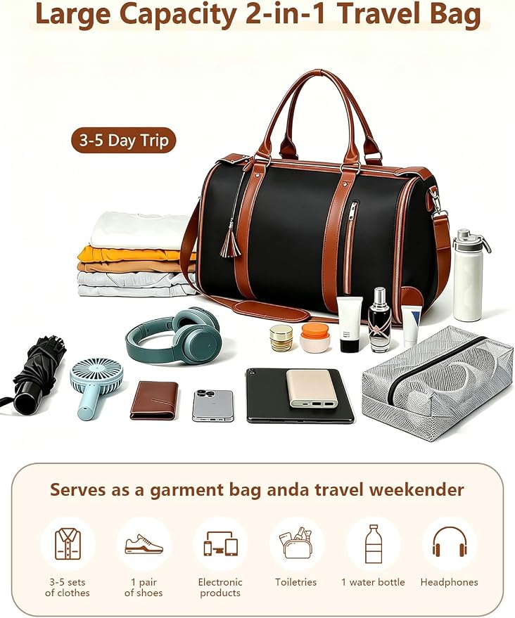2 in 1 Convertible Garment Duffle Bags for Travel 45L Waterproof Carry on Duffle Bag for Men & Women with Shoe Lmproved Zipper and Reinforced Straps Suitable for Business & Weekend Trips Black - Image 3