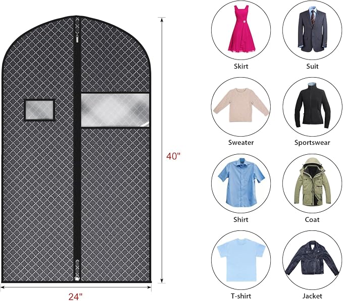 Univivi Suit Bags for Closet Storage and Travel, 40 Inch, 10 Pack, Black | Non-woven fabric, Breathable Suit Cover, Dustproof Hanging Storage Bag, Clear Window and ID Card Holder for Closet Storage - Image 2
