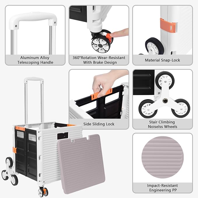 FELICON SELORSS Folding Utility Climber Cart Portable Rolling Crate-White | Stair Climbing Wheels+360°Swivel Wheels,Telescoping Handle,Plastic Box Dolly for Travel Shop Move Laundry Office Teacher Use - Image 2