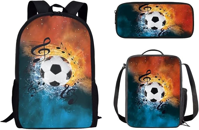 Mumeson Music Football School Bags Set 3 Pack Schoolbag Bookbag Organizer Satchel Day Pack and Heat Insulated Lunch Bag Pencil Case School Supplies Set by Mumeson