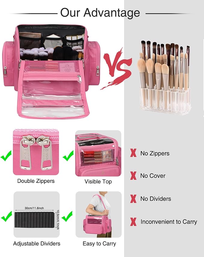 NAONAYA Pink Makeup Brush Bag, Clear Makeup Brush Holder with Lid, Extra Large Capacity Travel Cosmetic Bag Makeup Artist Must Haves,Make Up Organizers and Storage, with Adjustable Dividers - Image 5