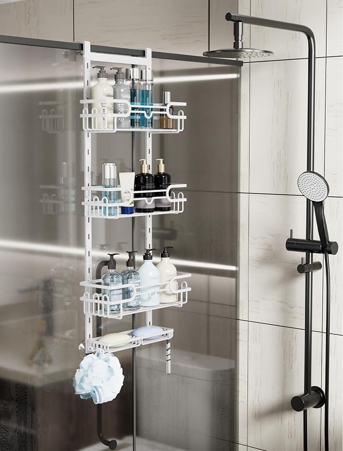 Consumest Over The Door Shower Caddy - 4 Tier Adjustable Hanging Shower Organizer Shelf with 2 Soap Holders & 22 Hooks, Rustproof Easy Installation Hanging Storage Rack for Bathroom, White - Image 2