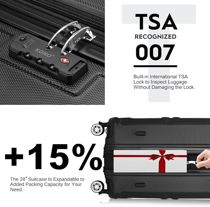 Kono 28 Inch Luggage Expandable Suitcase with Spinner Wheels TSA Lock | Lightweight PC+ABS Hardside Large Checked Luggage Durable Rolling Suitcase Black - Image 7