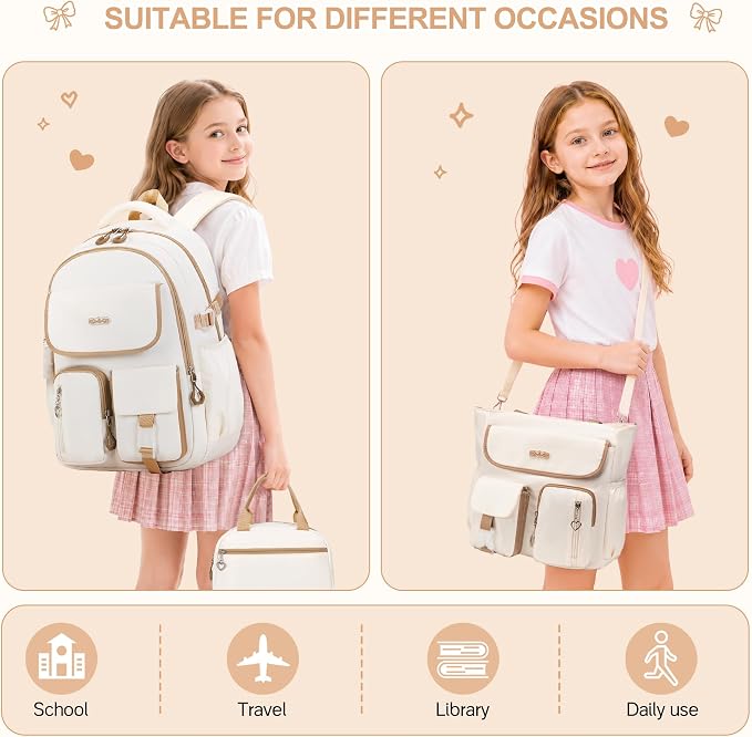 DIGOBAY Backpacks for Girls, 4PCS School Girls Backpack with Tote Bag Lunch Box Pencil Pouch for Teen Kids Elementary Primary Middle High College Travel School bag Bookbag Set, Khaki - Image 4