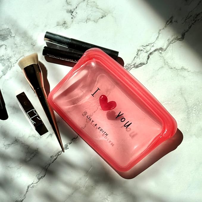 LILY & EDITH Clear Makeup,Toiletry,Cosmetic, Reusable Silicone Bag, Clear Travel Pouch, Food-Safe Storage, Leakproof, Airtight, Dishwasher & Microwave & Freezer Safe(Red Heart, 5Pk) - Image 2