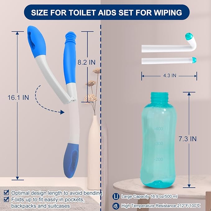 Foldable Toilet Aids Set for Wiping – 2PCS Personal Hygiene Kit with Collapsible Butt Wiper Tool & Dual-Nozzle Peri Bottle , Wiping Aid for Post-Surgery Recovery, Elderly and Travel Use (Blue, Ultra)