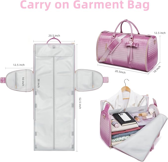 Garment Bags for Travel, 2-in-1 Convertible Travel Garment Duffle Bag for Women, Foldable Carry On Garment Bag with Shoe Compartment & Toiletry Pocket, PU Leather Weekender Bag, Pink-White - Image 3