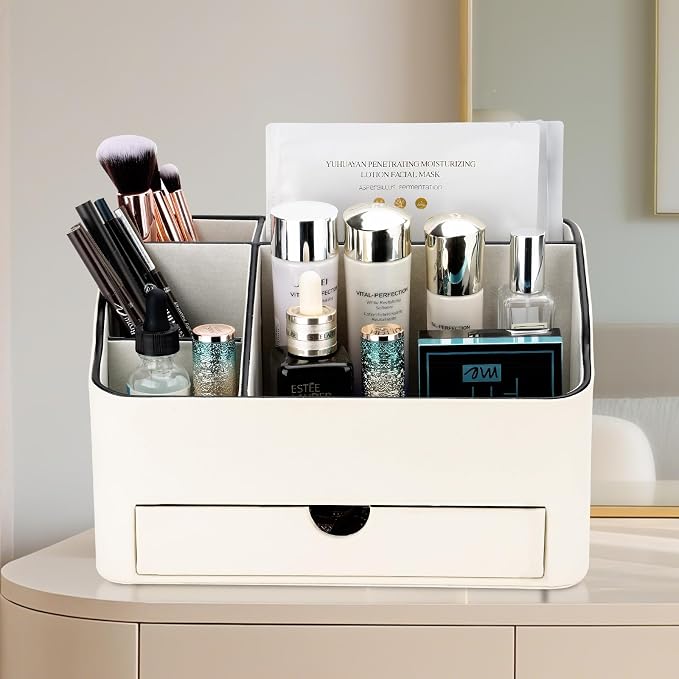 KINGFOM PU Leather Makeup Organizer with Drawer, Skincare Organizer for Vanity, Cosmetic Storage for Dresser Countertop, Beauty Holder for Lipstick Brush Skincare (Ivory White) - Image 6