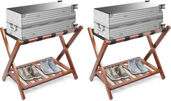 Smuxee Fully Assembled Walnut Luggage Racks Pack of 2, Upgraded Bamboo Foldable Suitcase Stand with 5 Nylon Straps, Luggage Holder with Shelf for Guest Room Bedroom Hotel - Image 8