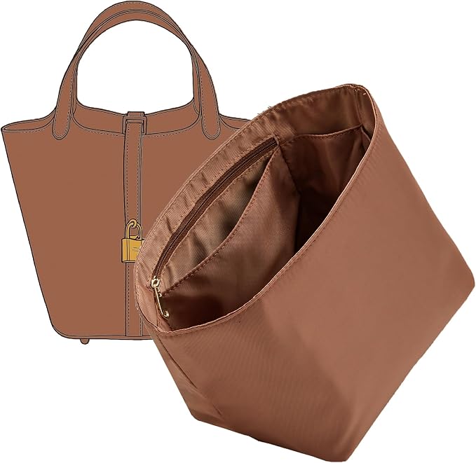 Picotin 18 Bag Insert Premium Nylon, Luxury Smooth Picotin 18 Purse Organizer Insert with Zipper Pockets, Soft Touch Inner Liner for Women's Handbags(PC18, Gold Brown) by OAIKOR