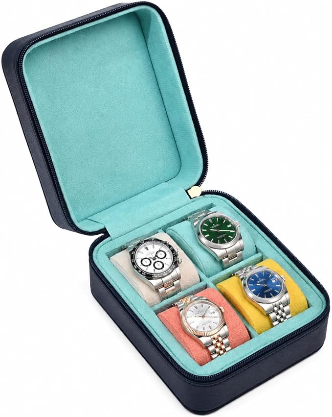 4-Slot Leather Watch Roll Travel Case with Velvet Interior | Multiple Watch Capacity,Premium Hexagon Leather,Velvet M-Shaped Cushions,Secure Snap Closure,Storage Organizer by Unknown