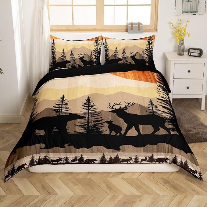 Rustic Deer Bedding Set Western Farmhouse Theme Duvet Cover Twin Size, Wild Animal Deer Print Comforter Cover for Adult Women Teens Bear Print Bedding 2 Pcs, Old Barn Door Print Bedspread Cover - Image 4