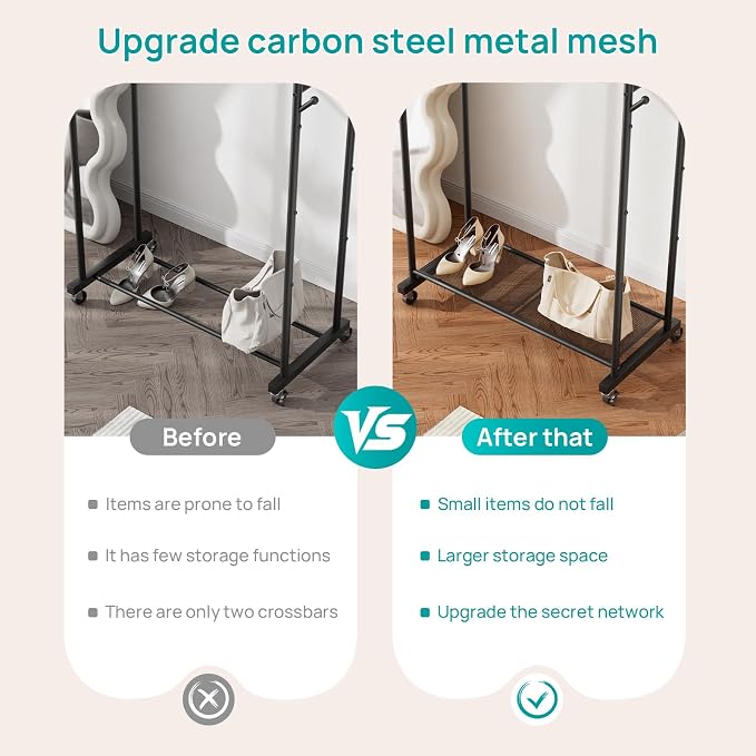 SINGAYE Wardrobe Standing Closet Clothing Rack With Shelf Hanging Clothes | Wardrobe Open Compact Small Metal Garment Hanger Stand Alone Free Standing Black Closet Rack Storage Organizer Heavy Duty - Image 3