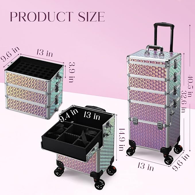 Yueieoun 5 in 1 Rolling Makeup Case, Cosmetology Case on Wheels Travel Make up Train Case Nail Cart Makeup Organizer Cosmetic Storage Box Cases Extra Large Trolley Truck with 360° Swivel Wheels, Pink - Image 6