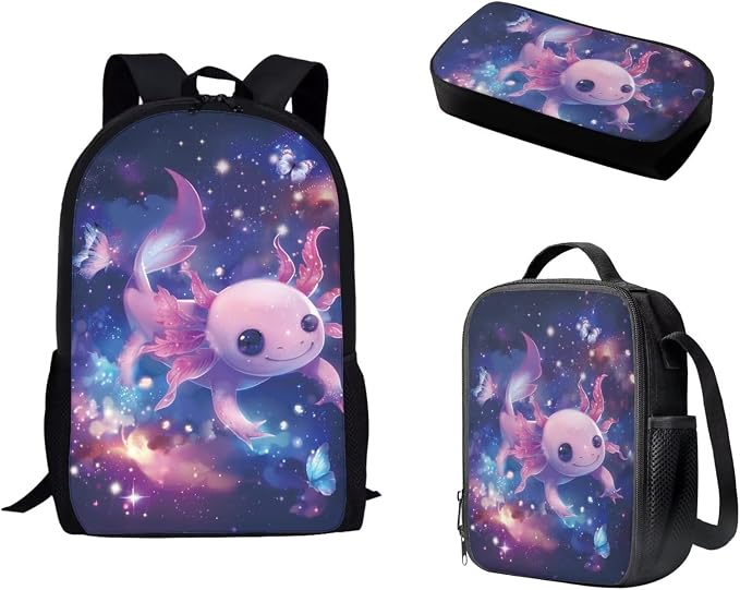 Mumeson Casual Backpack Kids Bookbags Shoulder Bag Set,Axolotl Print Casual Daily Daypack 3 in 1 Backpack Insulated Thermal Lunch Bag Tote Bag Pencil Stationery Storage Pouch Pencase by Mumeson
