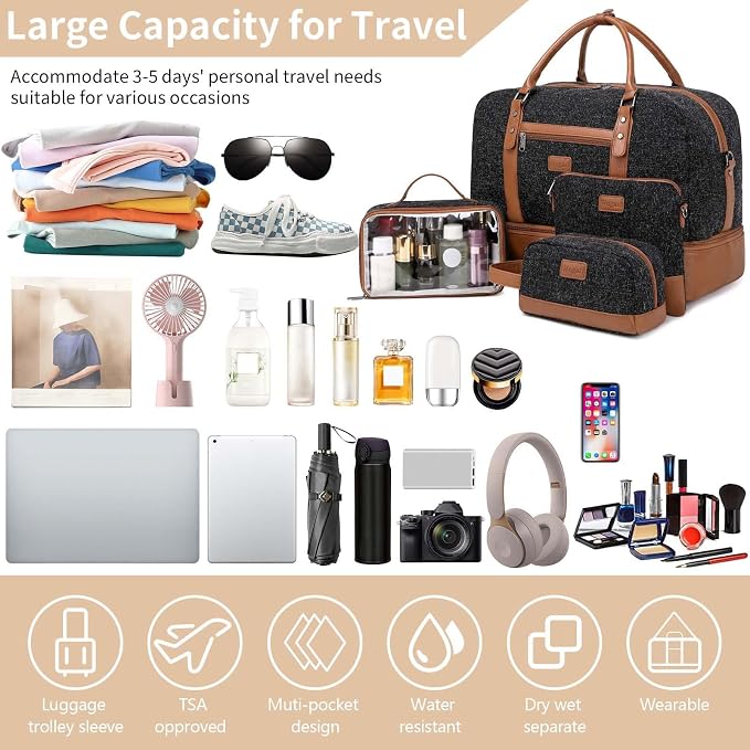Wogarl 4PCS Weekender Bags for Women Large Overnight Weekend Travel Duffel Carry on Shoulder with Shoe Compartment Canvas Toiletry Bag for Travel Business Gym - Image 6