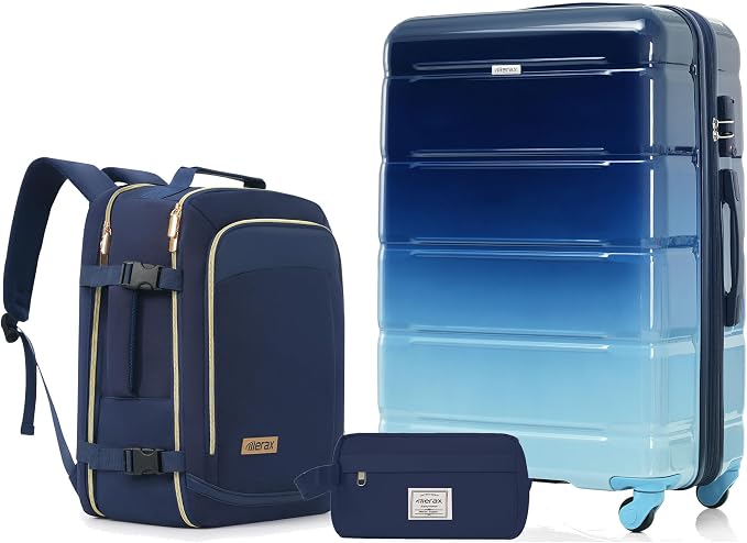 Hardside Luggage Sets, Lightweight Stripes Suitcase with Spinner Wheels, Navy 24 by Merax