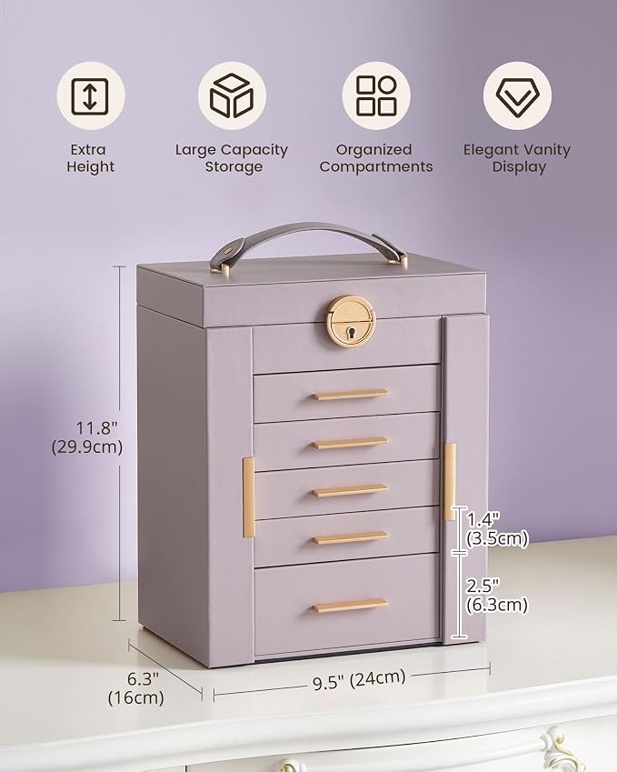 Lolalet Large Jewelry Box Organizer for Women, 6-Layer Jewelry Organizers and Storage Case with Mirror & 5 Drawers, Lockable Watch Ring Earring Bracelet Necklace Holder Girls Gift -6Layer, HazePurple - Image 3