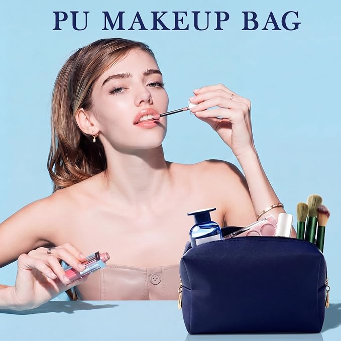 Kigeli Aesthetic Makeup Bags PU Leather Cosmetic Pouches Waterproof Plain Toiletry Bags Makeup Pouches Bulk for Women Party Gift Travel Storage Organizer(Navy Blue,7.1 x 2.8 x 4.3 in) - Image 5