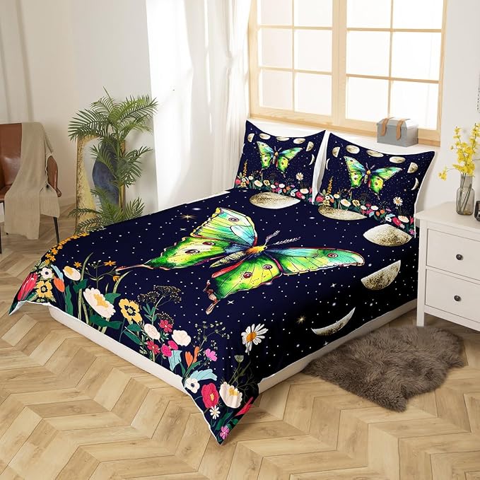 Erosebridal Moth Bedding Set Twin, Moon and Stars Galaxy Duvet Cover for Kids Boys Girls, Boho Floral Wildflower Bed Set, Rustic Country Flower Quilt Cover Bedroom Decor, 1 Pillowcase No Comforter - Image 2