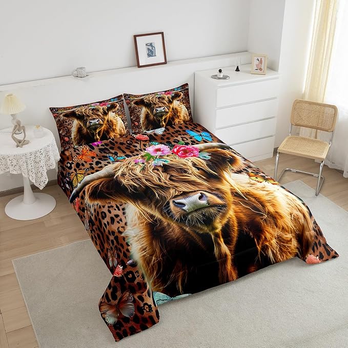 Erosebridal Kids Highland Cow Bedding Set Queen Size, Boys Teens Leopard Print Comforter Set Girls Butterfly Western Cowboy Duvet Insert Bull Cattle Flower Duvet Sets Soft for Bedroom Decor, Brown - Image 2