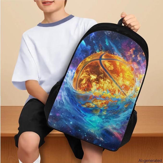 Galaxy Basketball Backpack for Boys Kids Backpack with Lunch Box Water Bottle Carrier with Strap and Pencil Case 4PCS Set Bookbag with Compartments for School Teens Sturdy School Bag for Girls - Image 3