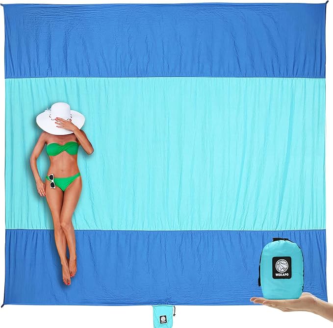 WEKAPO Beach Blanket Sandproof Waterproof, Extra Large Beach Mat, Oversized & Compact Sand Free, Quick Drying Beach Essentials for Vacation, Cruise, Picnic & Camping with Stakes by Wekapo