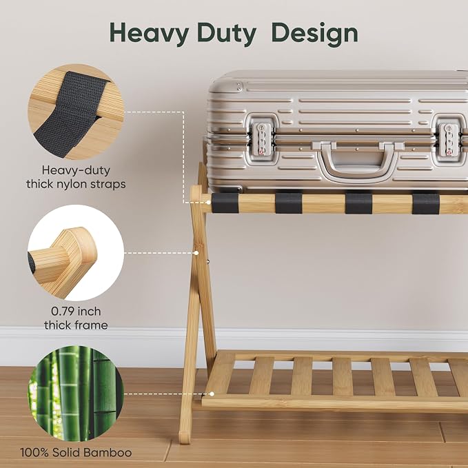 Smart FENDEE Fully Assembled Bamboo Luggage Rack, Heavy Duty Folding Suitcase Stand with Storage Shelf, Guest Room Essentials, Ideal for Bedroom, Hotel, Natural - Image 2