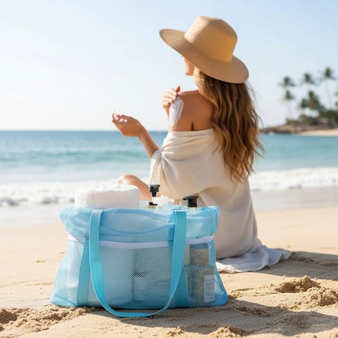 Kinlop 8 Pcs Mesh Beach Bag, Large Beach Tote Bags with Zipper, Waterproof Sandproof with 8 Pockets for Family Travel Vacation Essentials Toys Bag Pastel Colors - Image 4