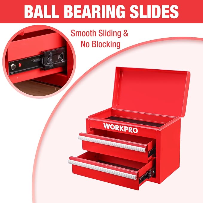 WORKPRO Metal Mini Tool Box with 2 Drawers and Top Storage | Cold Rolled Steel Toolbox, Ball Bearing Slides, PVC Drawer Liners, PP Feet Pads, Durable Storage - Image 4