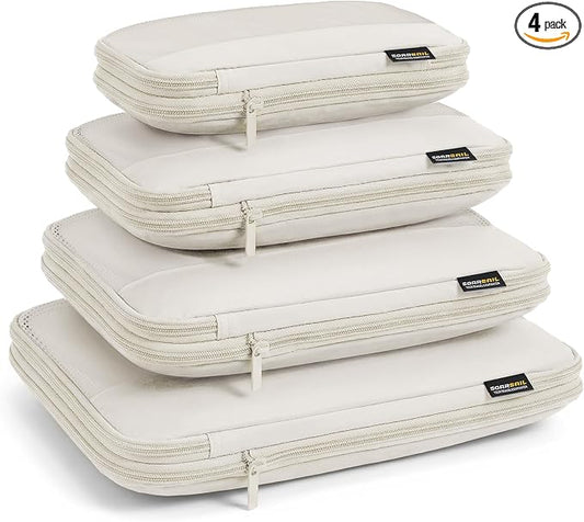 4 Piece Compression Packing Cubes for 3–7 Day Travel, Off White | Wrinkle-Resistant Memory Fabric, Breathable Mesh Panel, Double-Zipper, Small to Large Size Bag, Smart Organization by SOARSAIL