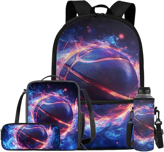Fire Basketball Backpack for School Boys Backpack with Lunch Box Water Bottle Carrier with Strap and Soft Pencil Case 4PCS Set Bookbag with Front Pocket 17 inch Lightweight School Bag for Kids by ELEDIZI