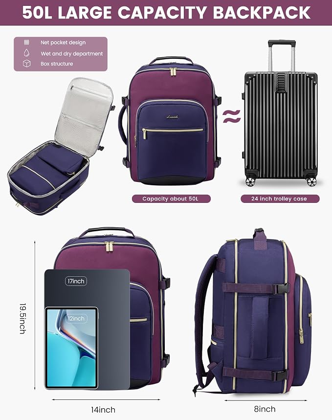 LOVEVOOK 50L Large Travel Backpack for Women, Carry on Backpack Airline Approved, Waterproof Travel Essentials fits 18" Laptop, TSA Personal Item Travel Bag Sports Backpack with 3 Packing Cubes - Image 3