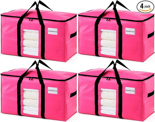 TAILI 4 Pack Pink Extra Large Moving Bags, Heavy Duty Totes with Visible Window, Wrap Around Handles, Great for Storage, Space-Saving by TAILI