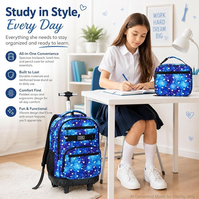 3Pcs Rolling Backpack for Girls, 19 Inche Women Roller Bag with Wheels for Adults, Wheeled Bookbag with Lunch Box(Blue) - Image 6