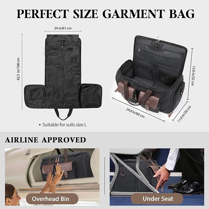 Canvas Garment Bags for Travel, Convertible Carry On Garment Duffel Bag for Men Women, 2 in 1 Suit Bag Hanging Suitcase Business Travel Bag with Shoe Compartment (Black, XL) - Image 8