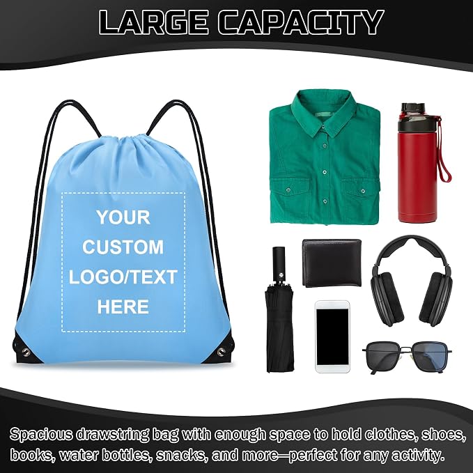 Grneric Custom Drawstring Bags Bulk 10/20/50/100/200 Pack, Promotional Items With Your Logo Personalized String Backpack for Gym, Sport, Travel, Sky Blue - Image 4