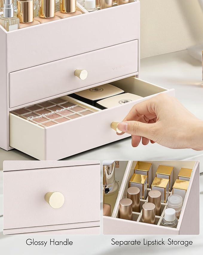 VLANDO Makeup Organizer,Skincare Organizer for Vanity，PU Leather Make up Organizer with Drawers Cosmetic Display Case for Countertop,Perfume,Gifts Ideas for Women (Apricot White) - Image 3
