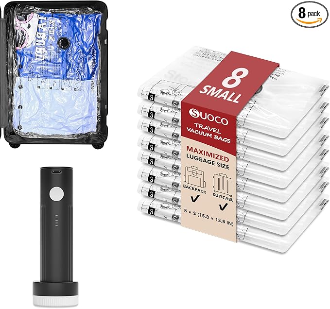 Travel Vacuum Bags for Clothing with Rechargeable Electric Pump, Compression Packing Cubes Organizer Storage for Luggage Suitcase, Space Saver Seal Bags for Vacation Cruise, 8 Small by SUOCO