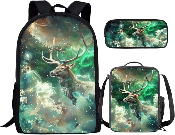 17 Inch Animal Print School Backpack And Lunch Box Set for Kids Lightweight Fantastic Galaxy Deer Backpack for Boys Girl Sturdy School Bag with Insulated Lunchbox Pencil Case Student Bookbag by Parprinty