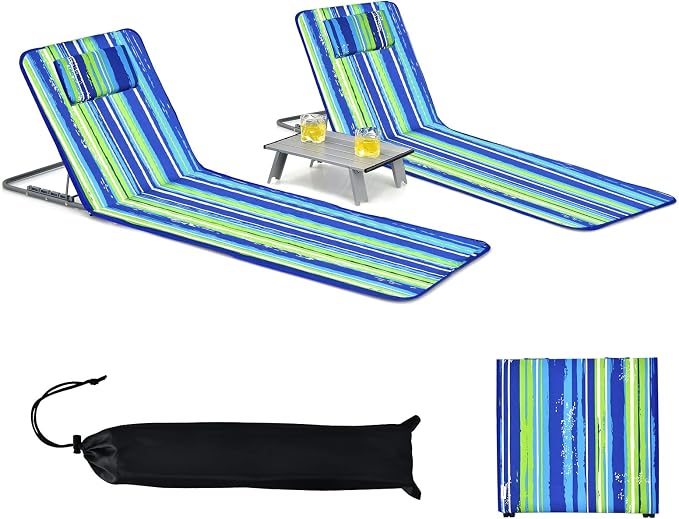 GYMAX Beach Chairs, Folding Tanning Lounge Chairs with Table Set, Adjustable Patio Floor Chair, Outdoor Sunbath Chair with Desk, Pillow & Storage Bag for Outside, Patio, Poolside (Blue Stripe) by GYMAX