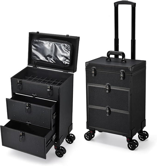 Professional 3 in 1 Rolling Makeup Case Cosmetology Case on Wheels 2 Large Drawer Nail Case Trolley Traveling Cosmetic Train Case with Makeup Pouch for Artists Nail Technician Salon Cart Trunk Black by Costravio